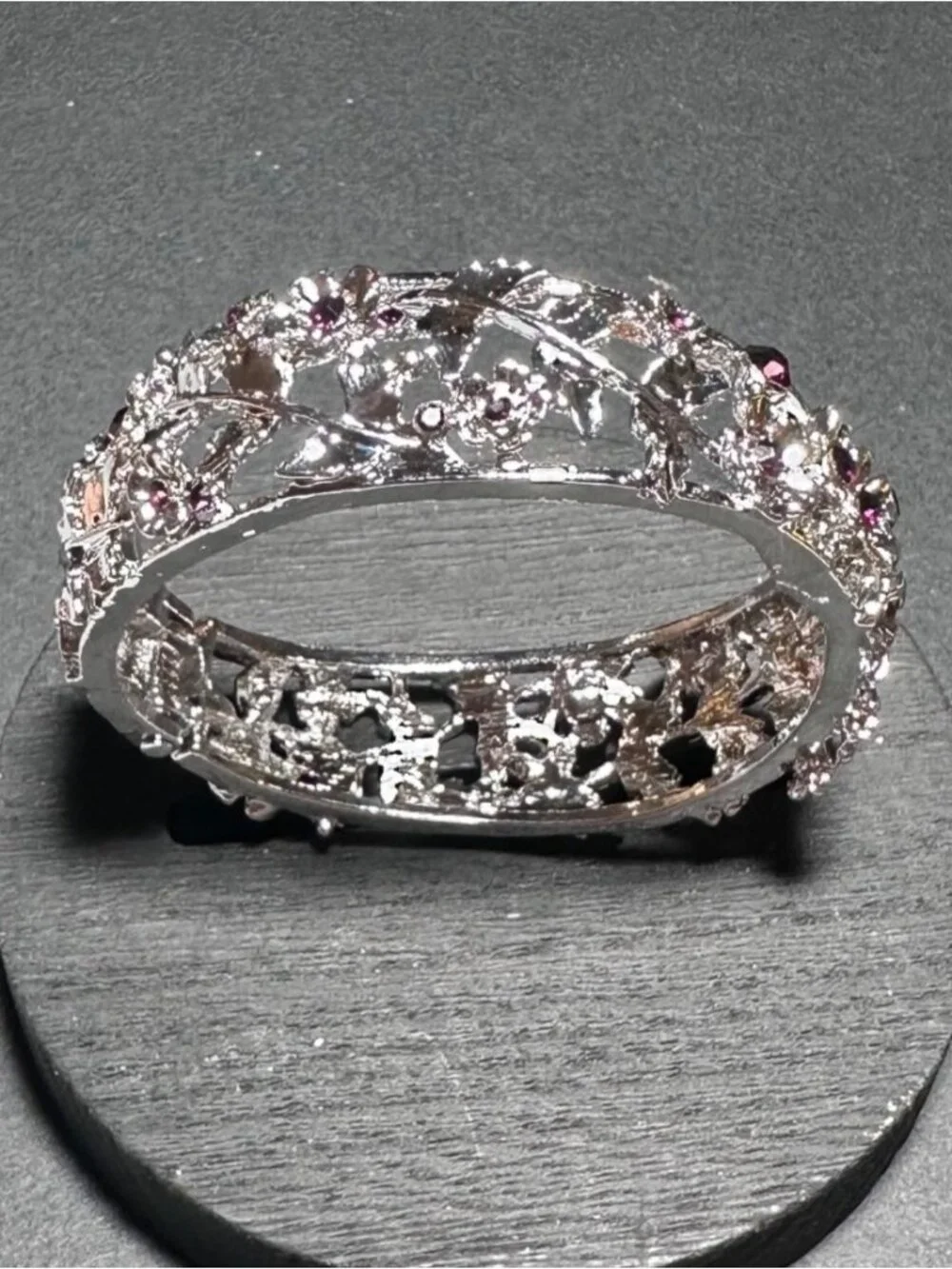 Hinged Bangle Bracelet Clamper Silver Tone Floral Filigree Purple Rhinestone